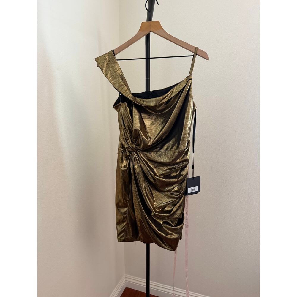 Mac Duggal 27360 Gold Asymmetrical Front Knot Mini Dress sz M - Picture 4 of 6